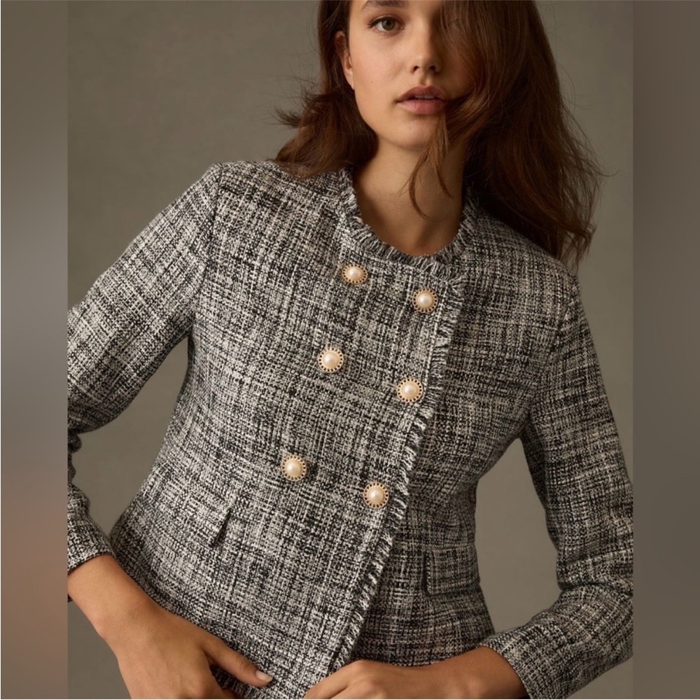 Maeve Anthropologie black white tweed jacket pearl button 2 - Picture 3 of 10